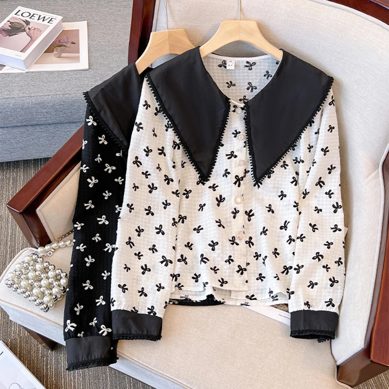 Autumn Small Fresh Fashion Print Women Shirt Chic Temperament Single Breasted Loose All-match Patchwork Simple Long Sleeve Tops