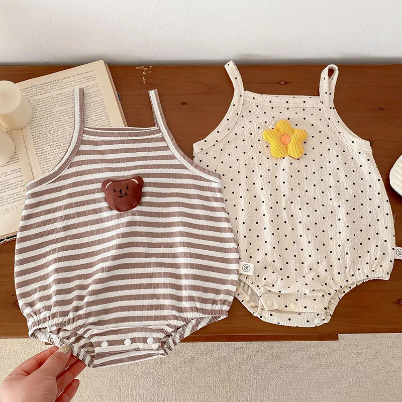 

Summer Sling Jumpsuit for Baby Boys Girls Cute Flower Bear Striped Newborn Romper Cotton Infant Clothes Korean Toddler Onesies