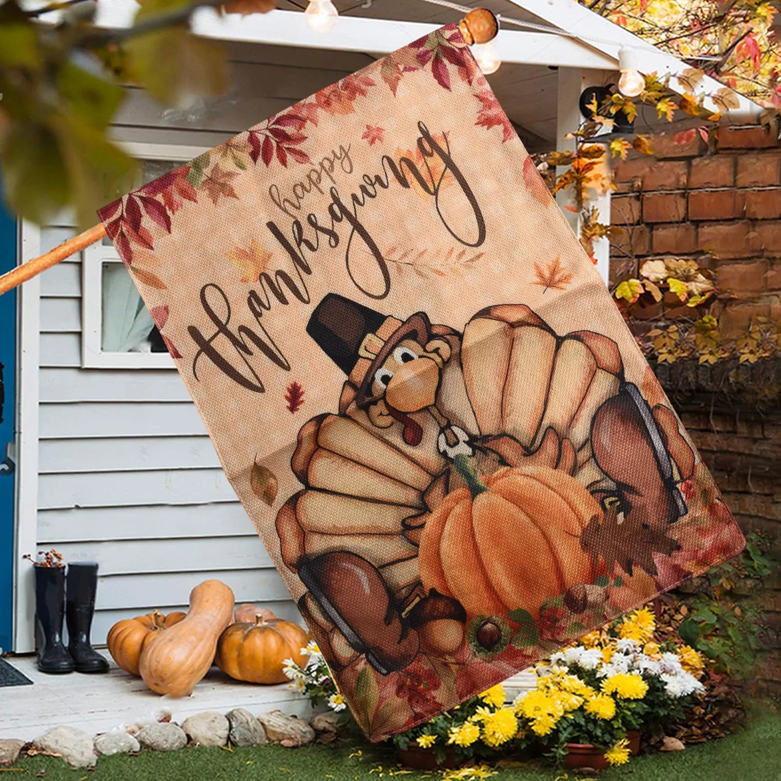 Charming Thanksgiving Outdoor Banner Featuring Colorful Turkey Maple Leaves & Pumpkins for a Joyful Atmosphere