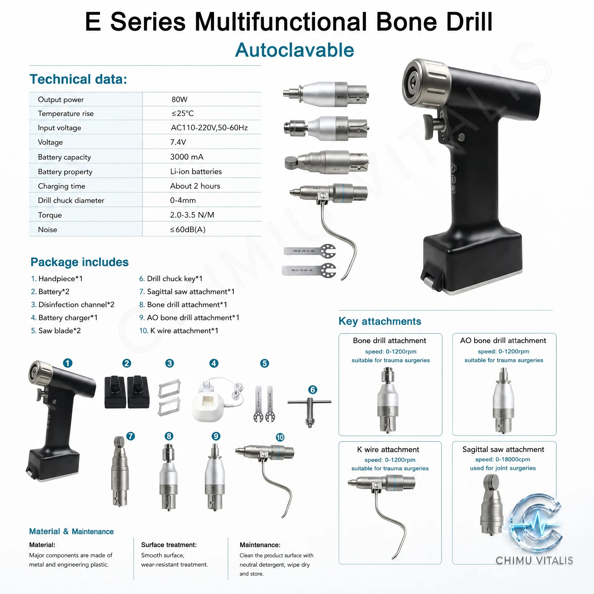 【CHIMU VITALIS】Multifunctional Electric Procedure Drill with Saw and Pin Attachments, Cordless Handpiece - view 5