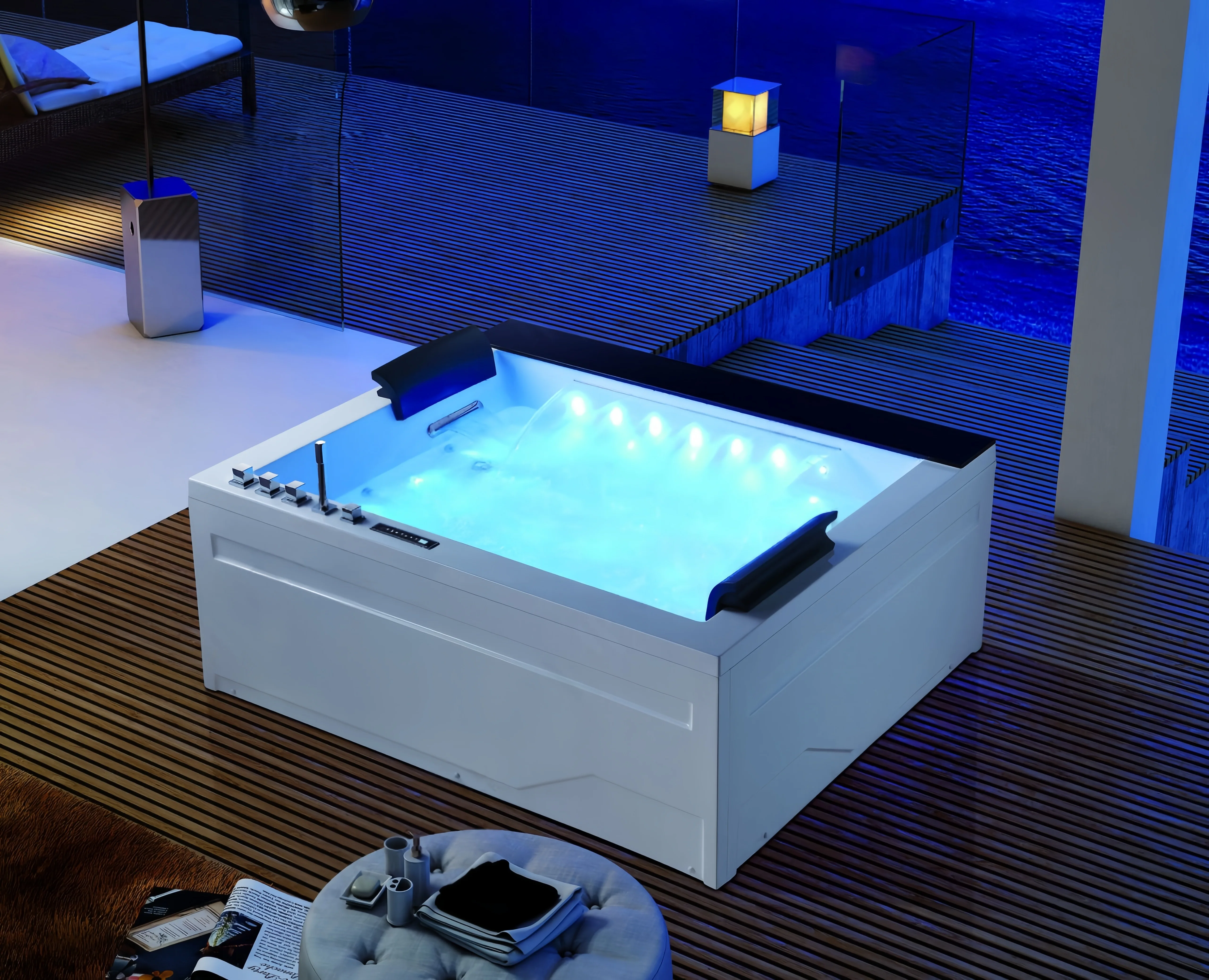 Acrylic Rectangle Indoor Luxurious Hotel Spa Tub 2 Person Whirlpool Massage Bathtubs Colorful Air Bubble Jets Digital Control
