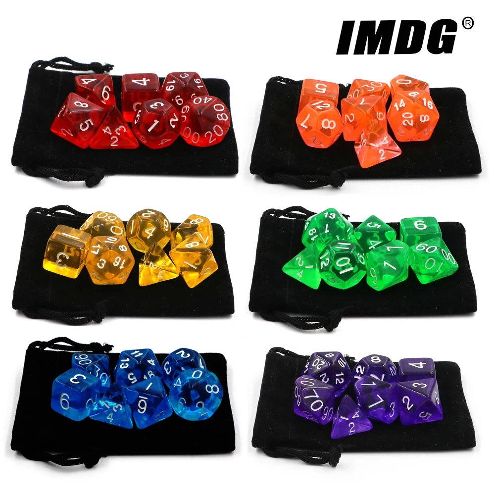 IMDG New 7pcs/set Creative RPG Game Dice Polyhedron Acrylic Dice Transparent Color Digital Game Dice with Bag