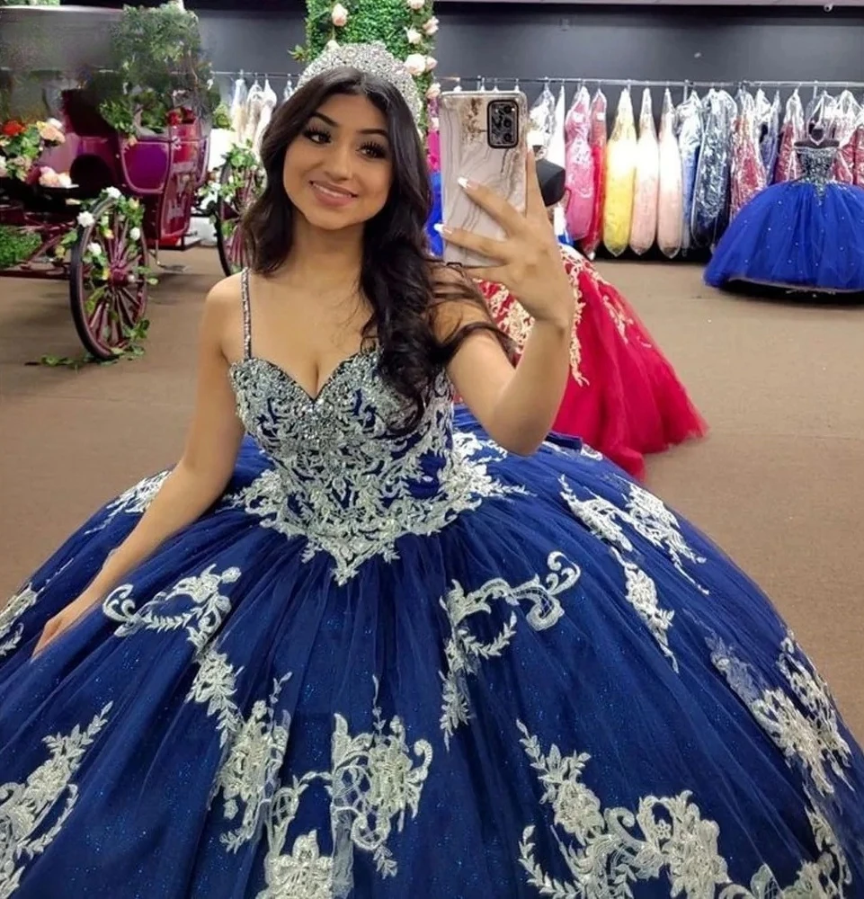 Marineblauwe Prinses Quinceanera Jurken Baljurk Spaghettibandjes Appliques Sweet 16 Jurken 15 Años Mexicaans