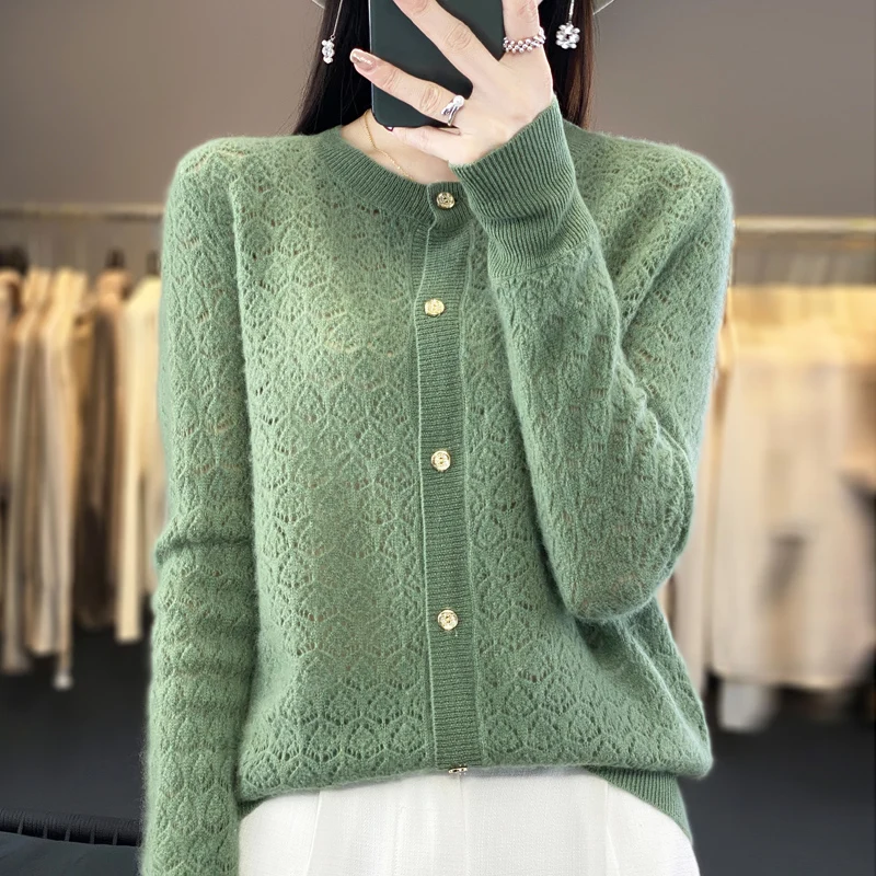 Spring and autumn new 100% wool knitted cardigan ladies hollow O-neck solid color bottoming cashmere sweater outside the coat