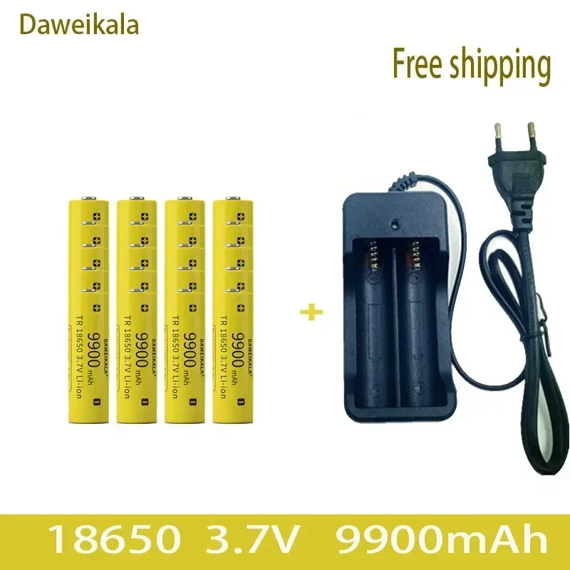 Daweikala senter Lithium Ion 2023 baru, baterai isi ulang + pengisi daya kapasitas 3.7V 18650 9900mAh