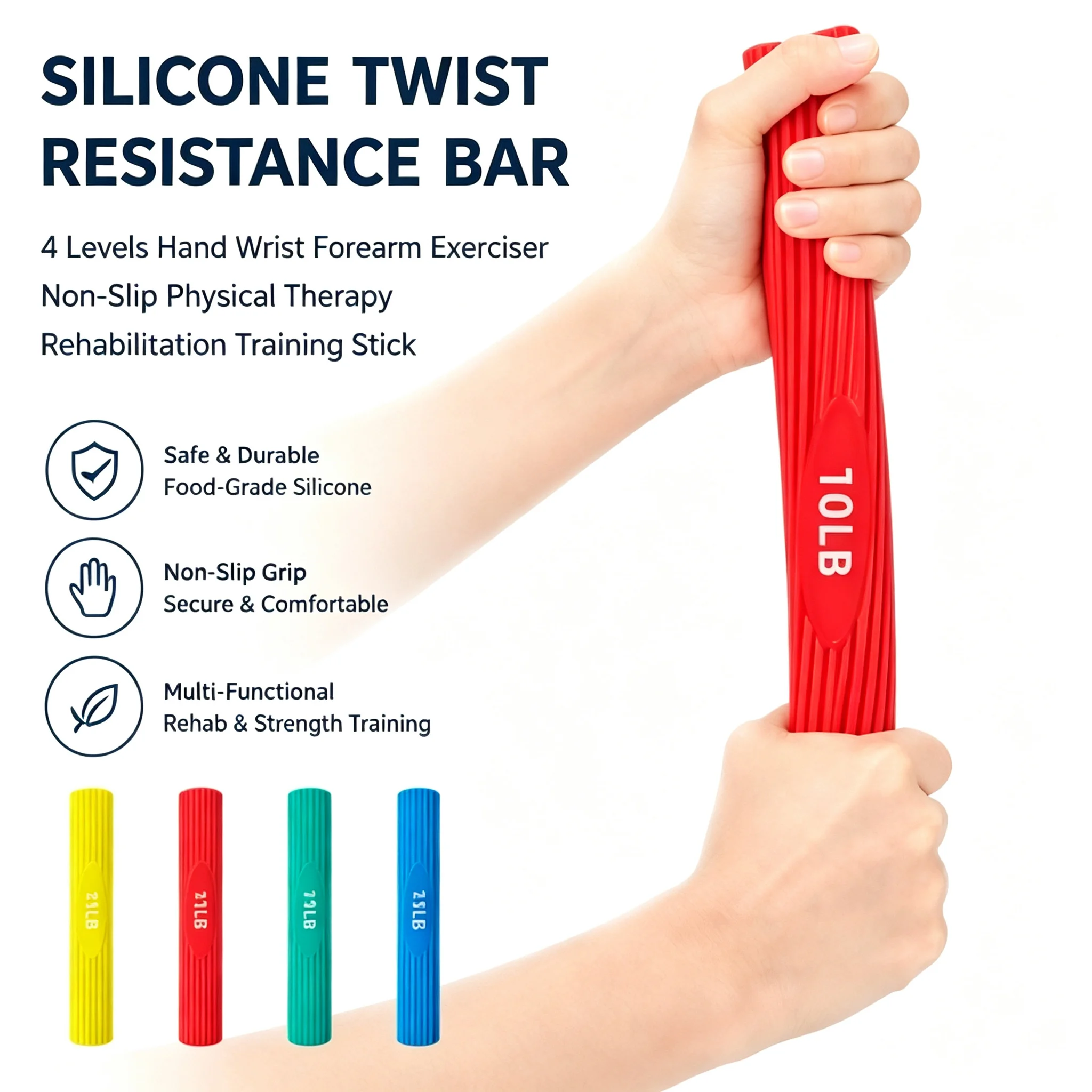 Silicone Twist Resistance Bar 4 Levels Hand Wrist Forearm Exerciser Non-Slip Physical Therapy Rehabilitation Training Stick
