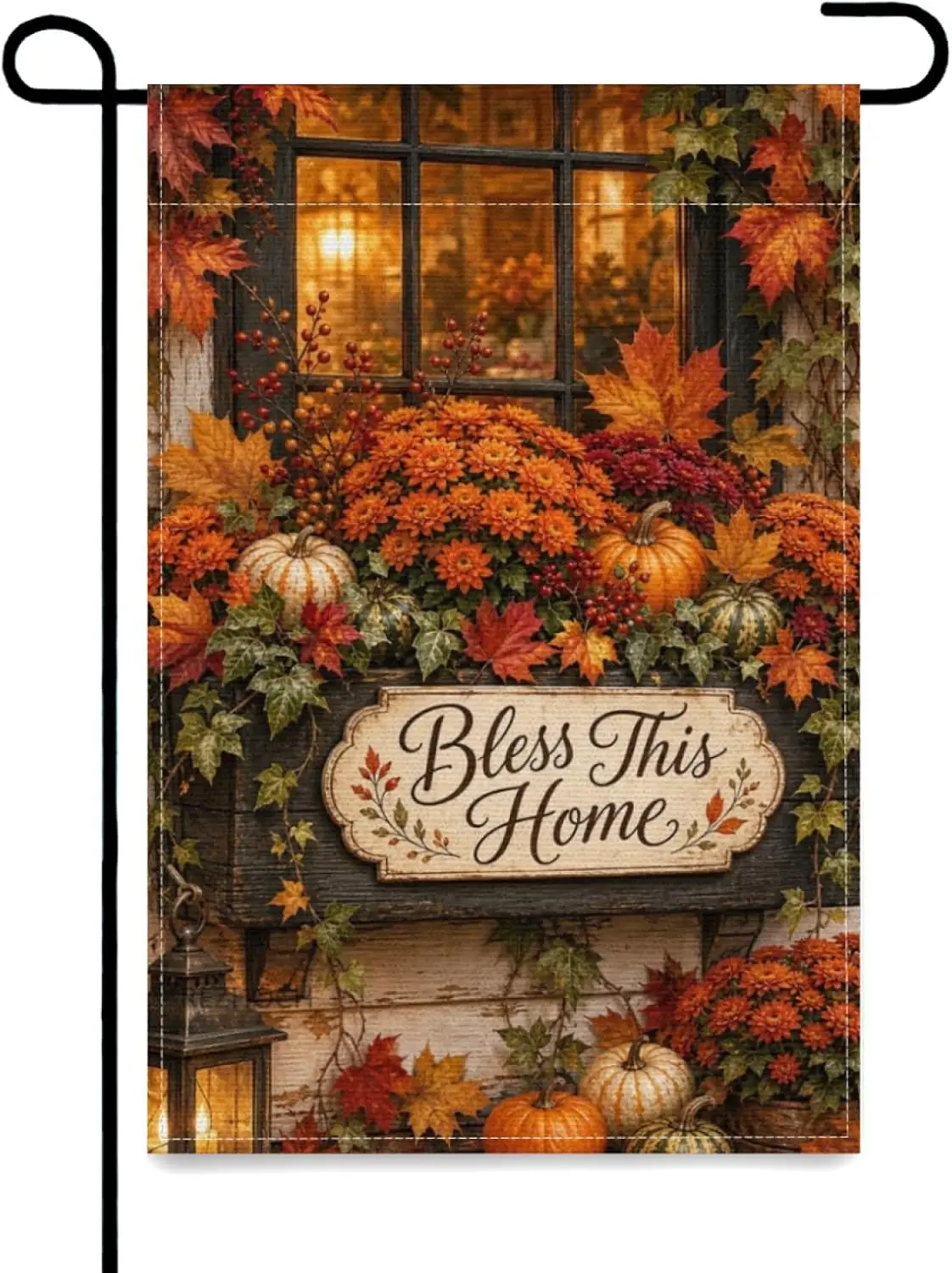 Bless This Home Garden Flag 12x18 Inch Wooden Planter Box Pumpkins Autumn Mums Maple Leaves Rustic Farmhouse Front Porch Yar yyi