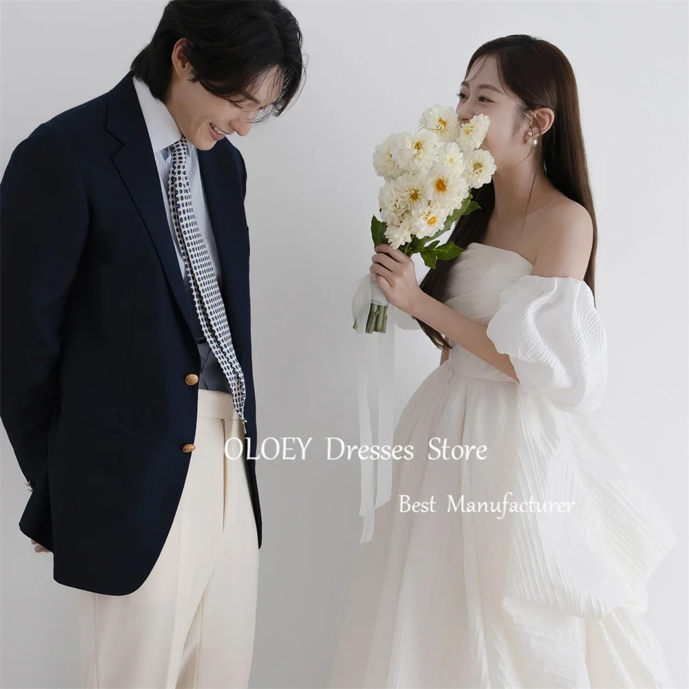 OLOEY Elegant Strapless Wedding Dress With Sleeves Korea Photoshoot Pure Ivory Bridal Gown Floor Length Tiered Pleat Party Dress