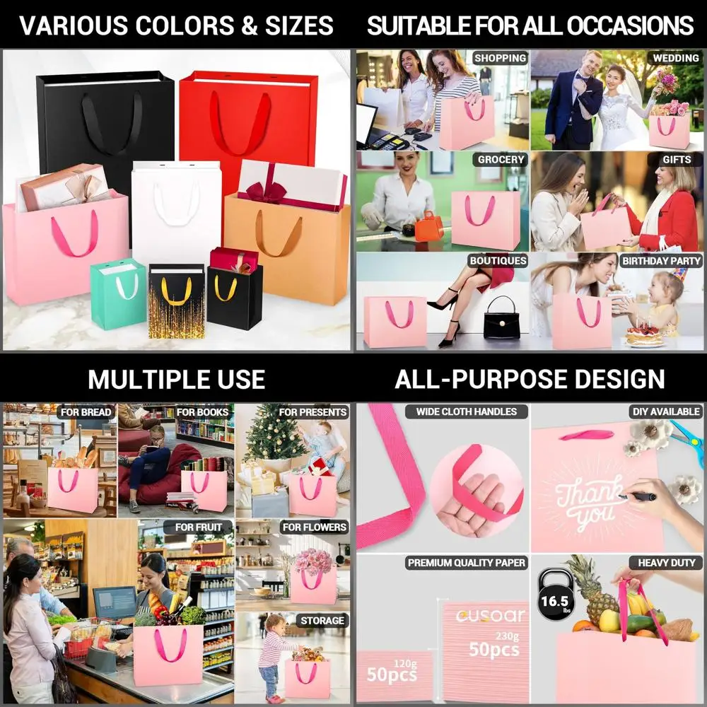 

Розовые подарочные пакеты на 50 штук с ручками, 12,5x4,5x11 дюймов, идеально подходят для свадеб, вечеринок и подарочной упаковки.