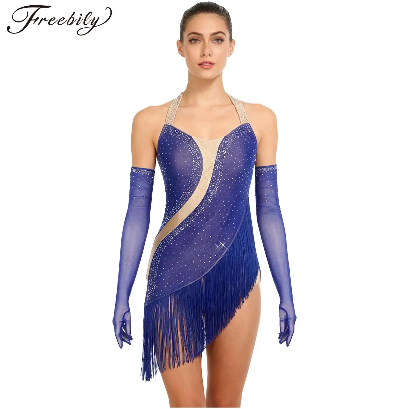 Robe de danse latine pour femmes, Costume de patinage artistique, ourlet à franges en strass, avec gants, Costume de spectacle de danse Tango cha-cha