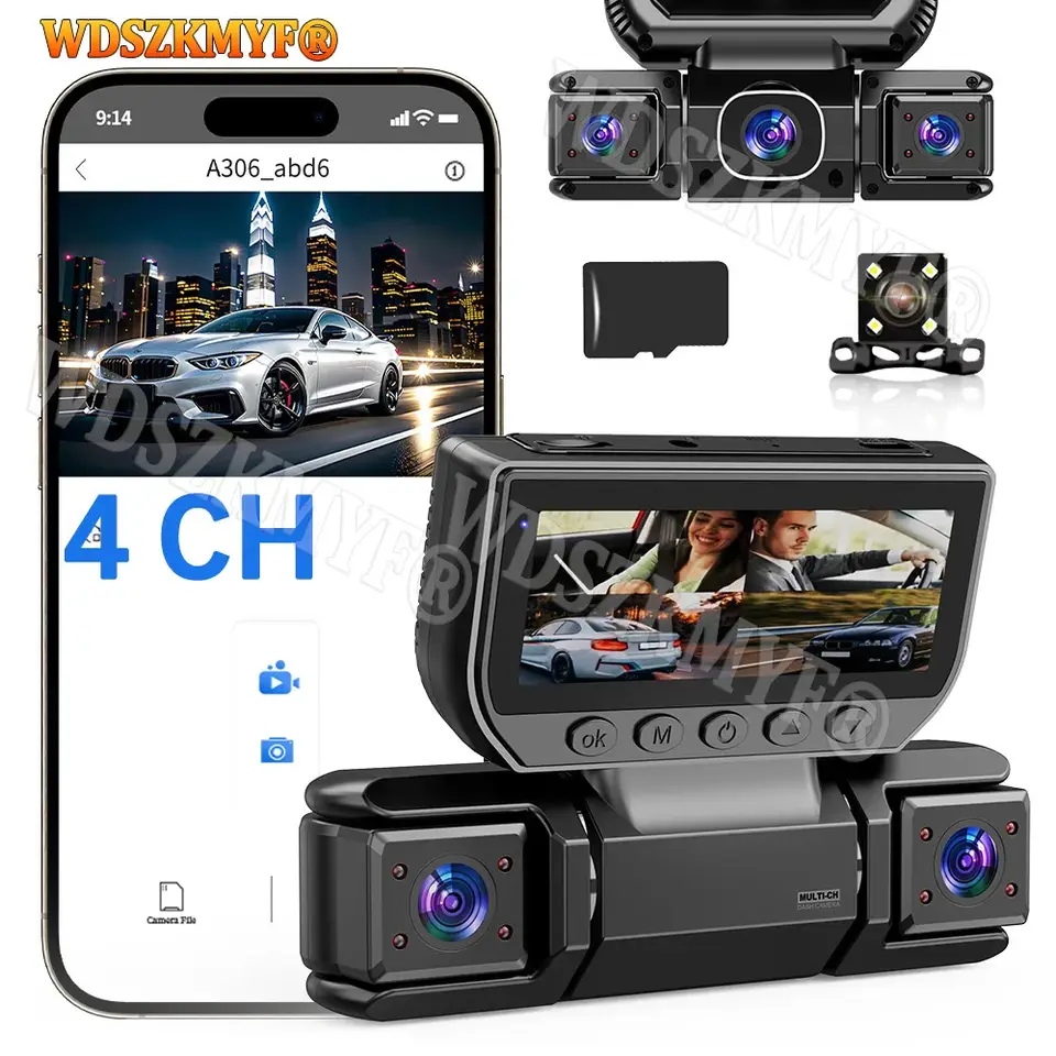 كاميرا سيارة 4 عدسات 360 درجة، مسجل فيديو 1080P، كاميرا لوحة قيادة WIFI، كاميرا أمامية يمنى ويسرى وخلفية، مراقبة وقوف السيارات 24 ساعة، هدية