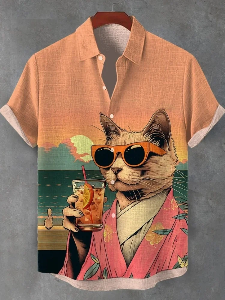 

Men's Sunset Cool Kimono Cat Vacation Art Print Casual Shirt Orange Printed Japanese Style Outwear Summer Short Sleeve Tops Chic