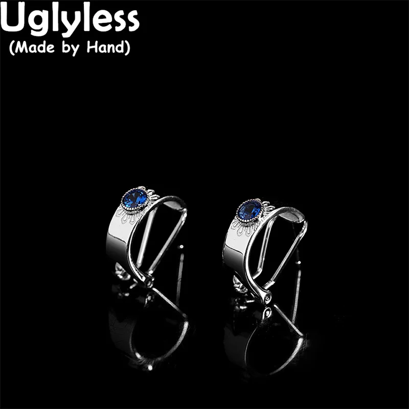 

Uglyless Natural Blue Zircons Pierced Ears Buckles Women Exotic Semicircle Stud Earring Mirror Glossy 925 Silver Flowers Brincos