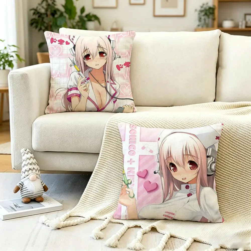 Anime Figure - S-Super S-Sonico Cushion Cover Anti-dustmite Pillowcase Invisible zipper silky short plush Sofa cushion cover
