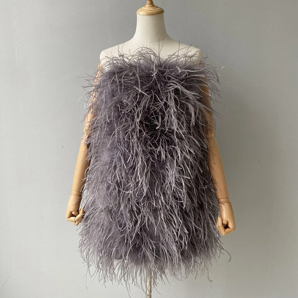 Jaxmonoy 100 % Straußenfedern Mini-Cocktailkleider, sexy trägerloses kurzes Ballkleid, Hochzeit, Geburtstag, Party, elegantes Kleid, 2025, Neu
