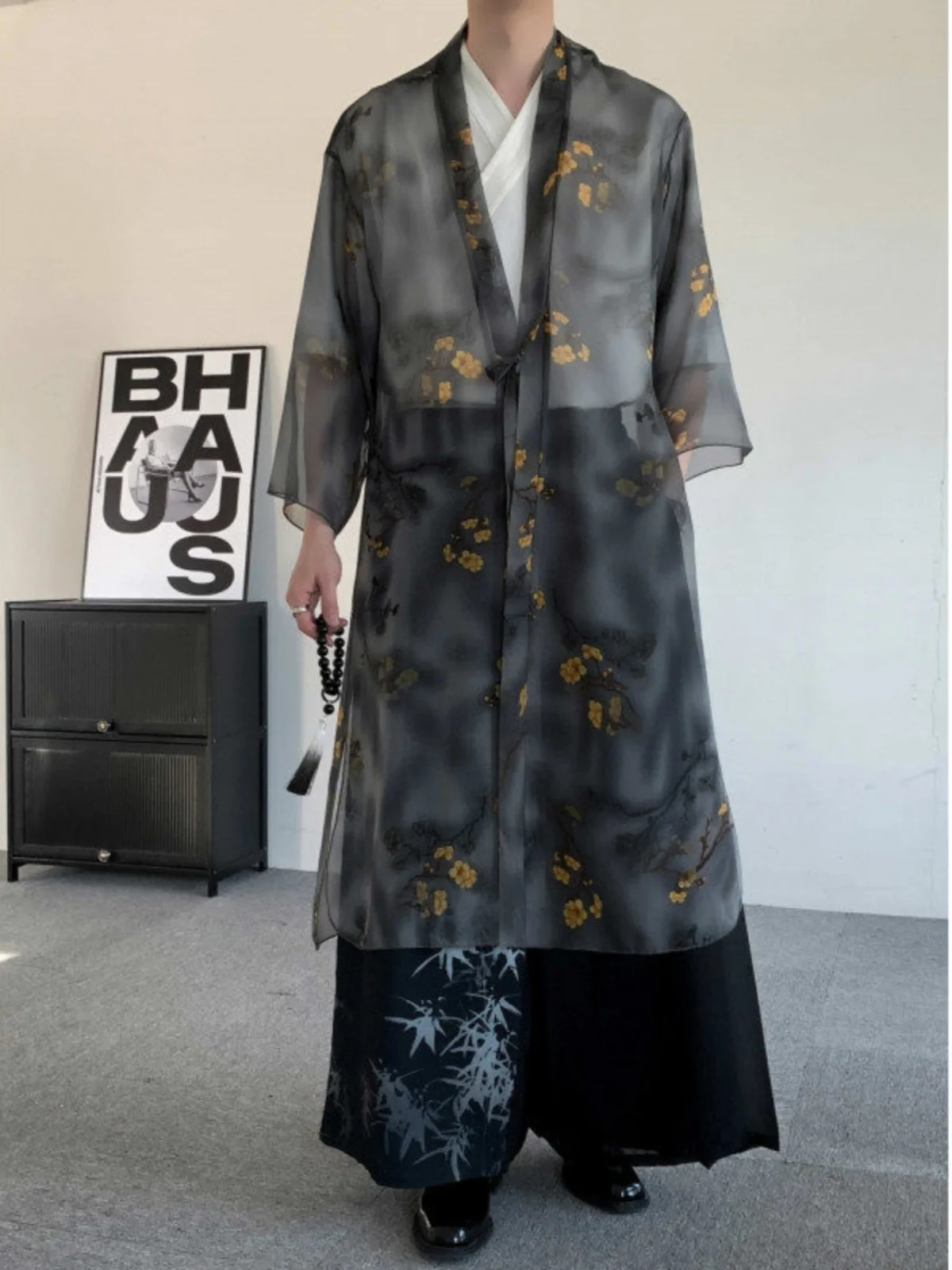 

New Chinese Sle Men's Summer Long Sve Sun Protection Windbreaker Ele Dra Cardigan Belted awl Large Size irt