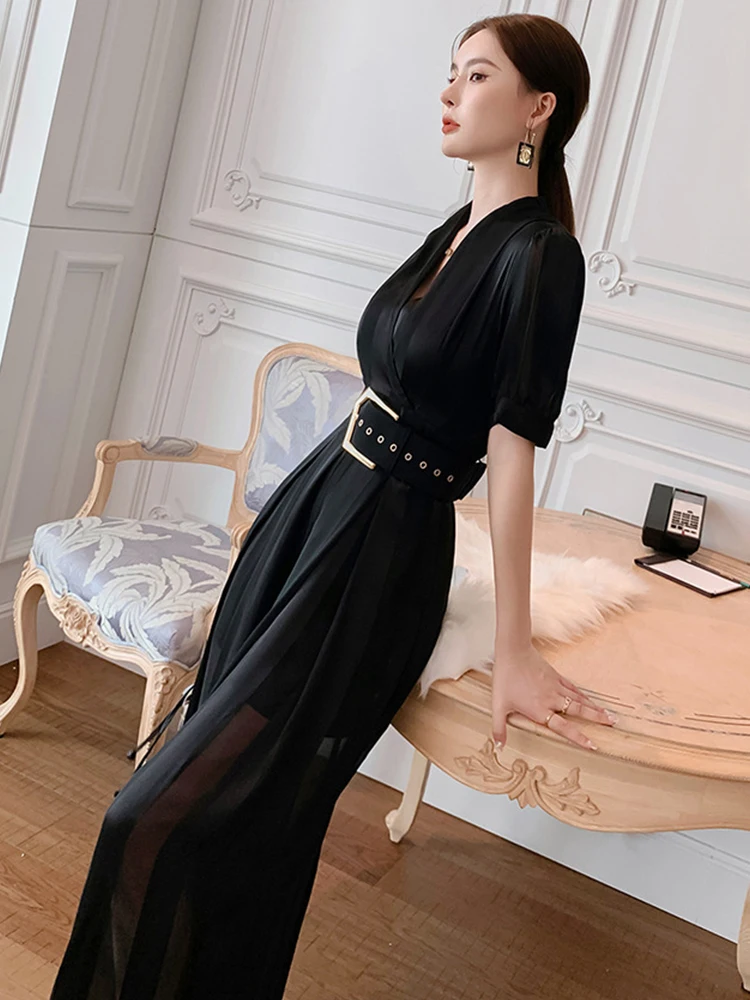Summer Women Jumpsuit Elegant Noble Professional Fashion Striped V-neck Adjustable Waist Long Wide Leg Rompers Office OL Street