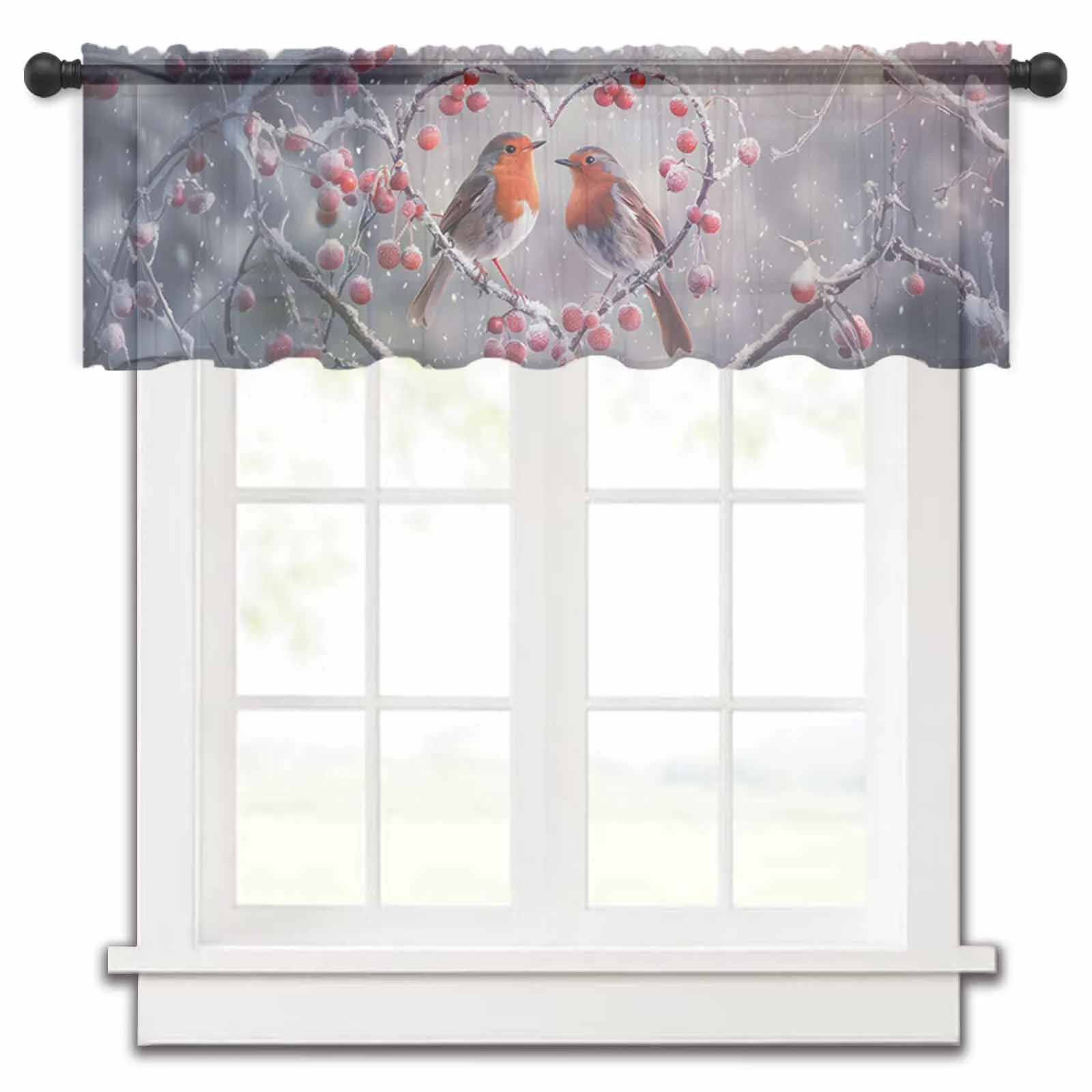 Christmas Snowflake Bird Red Fruit Love Kitchen Small Window Curtain Tulle Sheer Short Curtain Living Room Voile Drapes