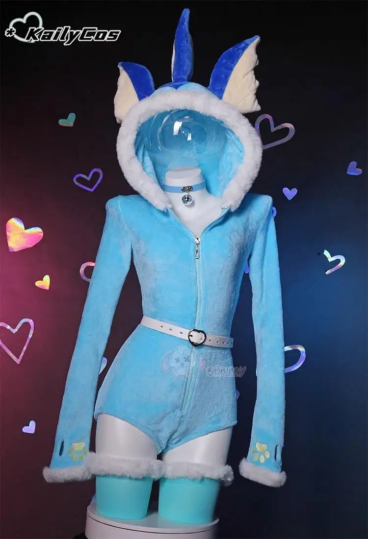 Anime Vaporeon Cosplay Costume Women Sexy Flannel Hooded Bodysuit Tail Socks Suit Bunny Girl Kawaii Plush Pajamas Cute Jumpsuit