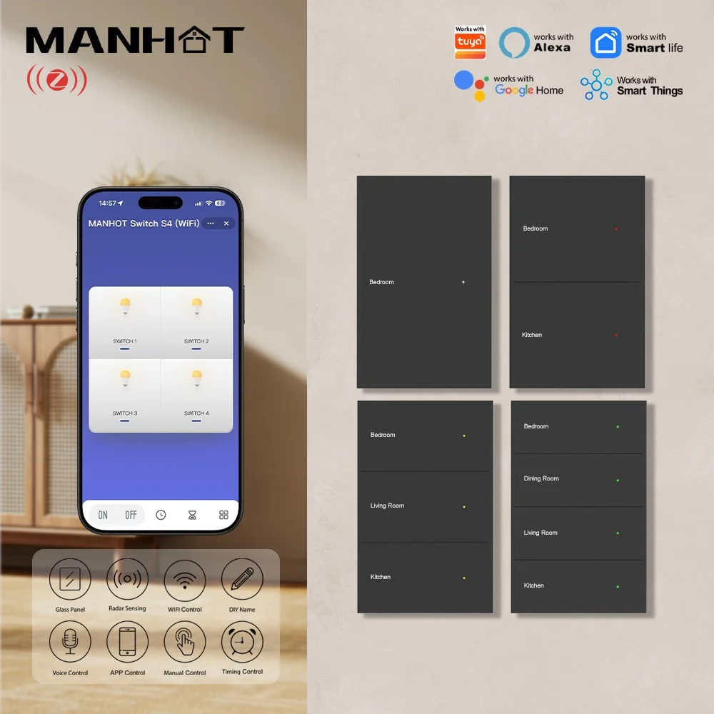 

Manhot Zigbee DIY Name Switch Black Panel Display Screen Light Switch Neutral Required Works with Tuya Google Home Voice Control