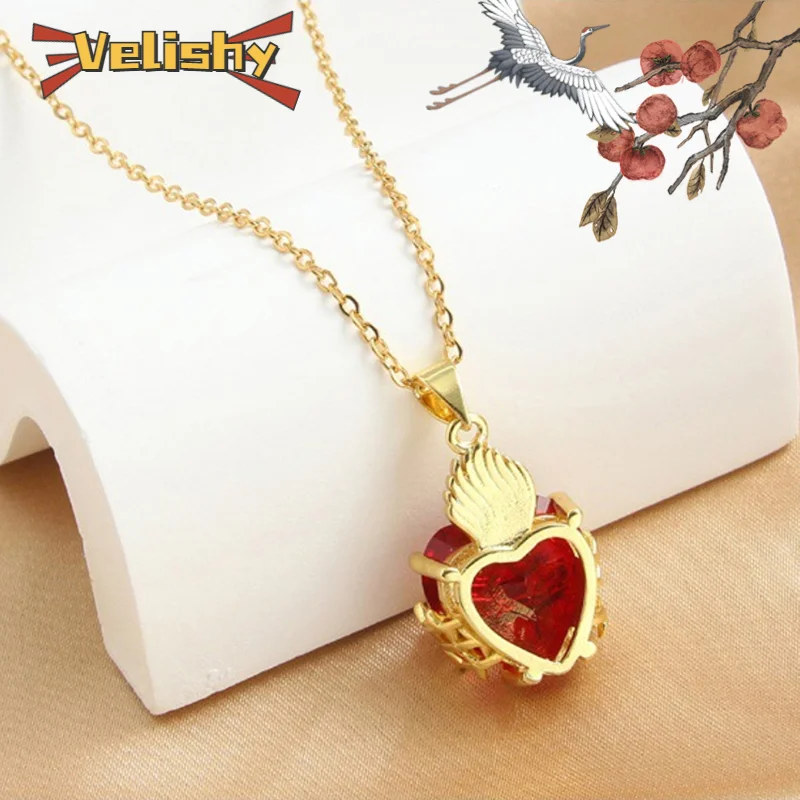 Gold Plated Sacred Heart Of Jesus Cross Necklace Red Love Zircon Religious Catholic Pendant Necklaces For Women Girls Jewelry