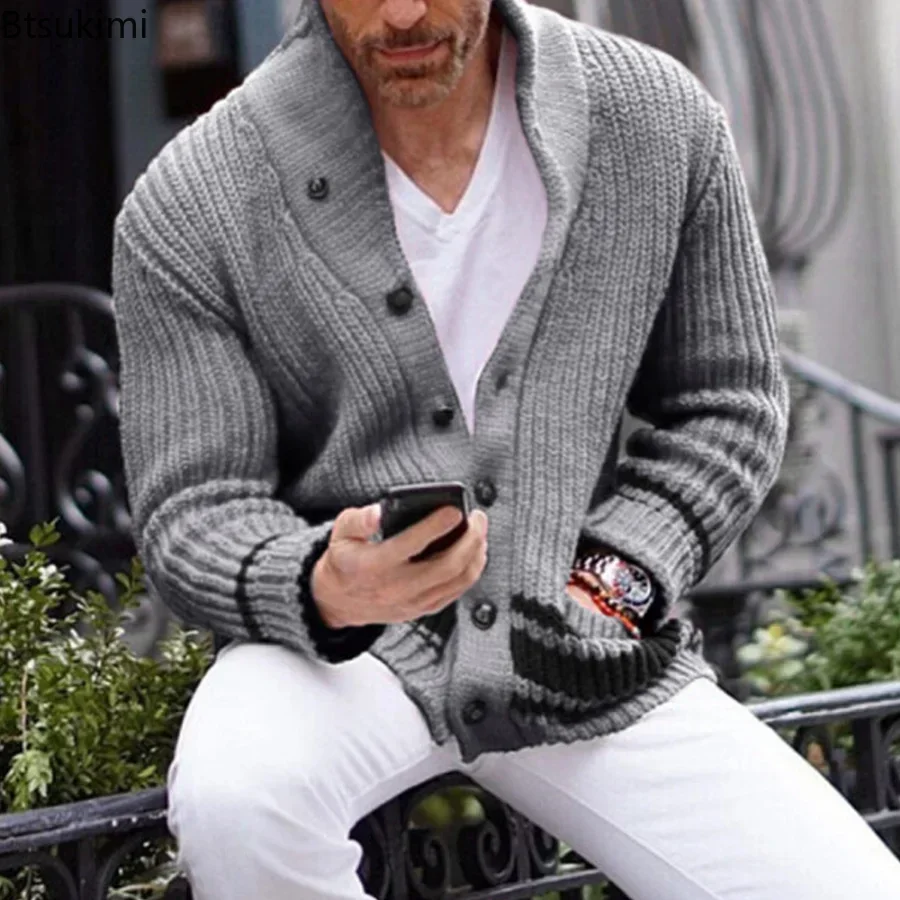 2024 Autumn Winter Men Knitted Sweaters Warm Coats Men\'s Streetwear Single Breasted Top Cardigan Yellow Red Solid Sweater Male