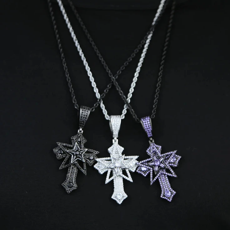 

2025 Iced Out Bling Cubic Zircon Five-pointed Pendant Jewelry Paved Cz Star Cross Revolving Necklaces For Women Men