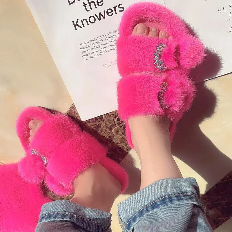 Summer Woman Real Fur Mink Slippers Ladies Fur Luxury Fluffy Plush Slipper Soft Fuzzy Platform Indoor Casual Female Sandals