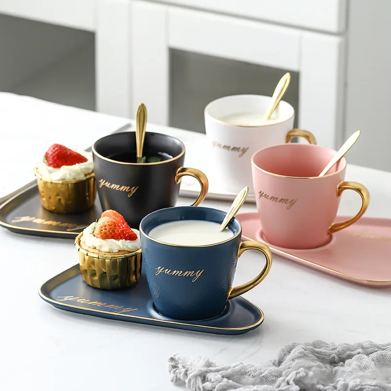 230ml Retro Light Luxury Ceramic Coffee Cup Set With Spoon Plate Afternoon Tea Mug Dessert Dish Home Drinking Utensils Gifts