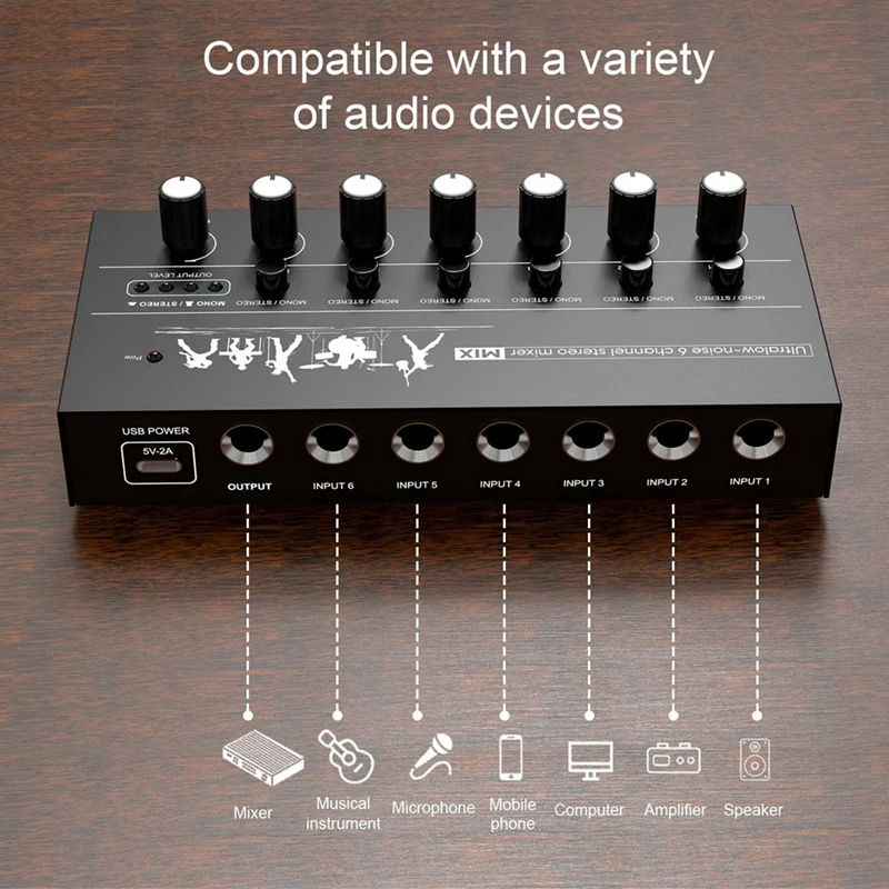 Mini Stereo Audio Mixer 6 Channel Microphone Mixer Instrument Expander For Guitar/Electric Keyboard/Amplifier/Speaker