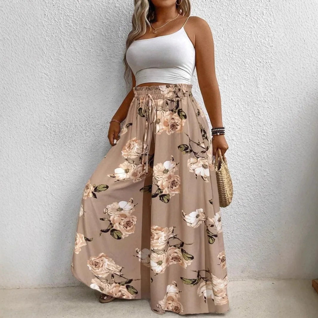 2025 السراويل النسائية الأوروبية والأمريكية البوهيمي ريشة طباعة عالية الخصر فضفاضة واسعة الساق بنطلون #3