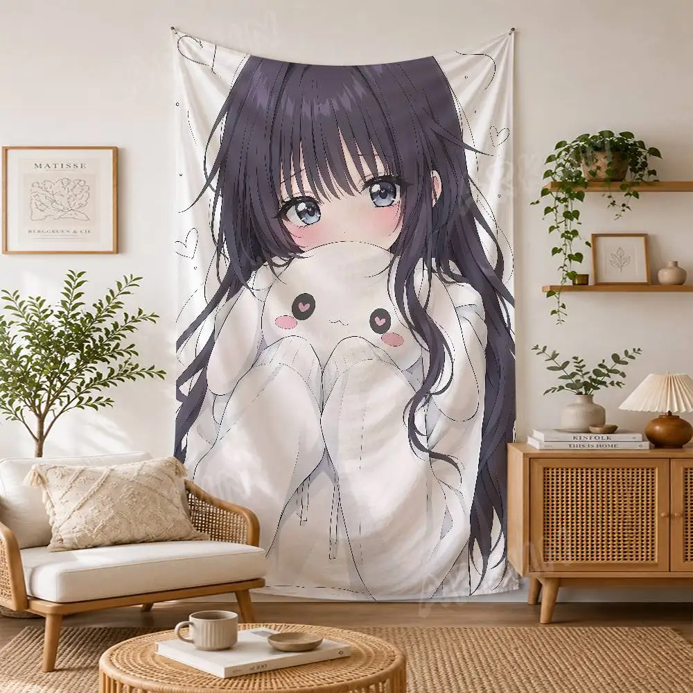 Kawaii Dark Purple Hair Anime Girl Tapestry, Cute Girl Hold Bunny Plush Wall Hanging Cartoon Sweet Aesthetic Wall Decor