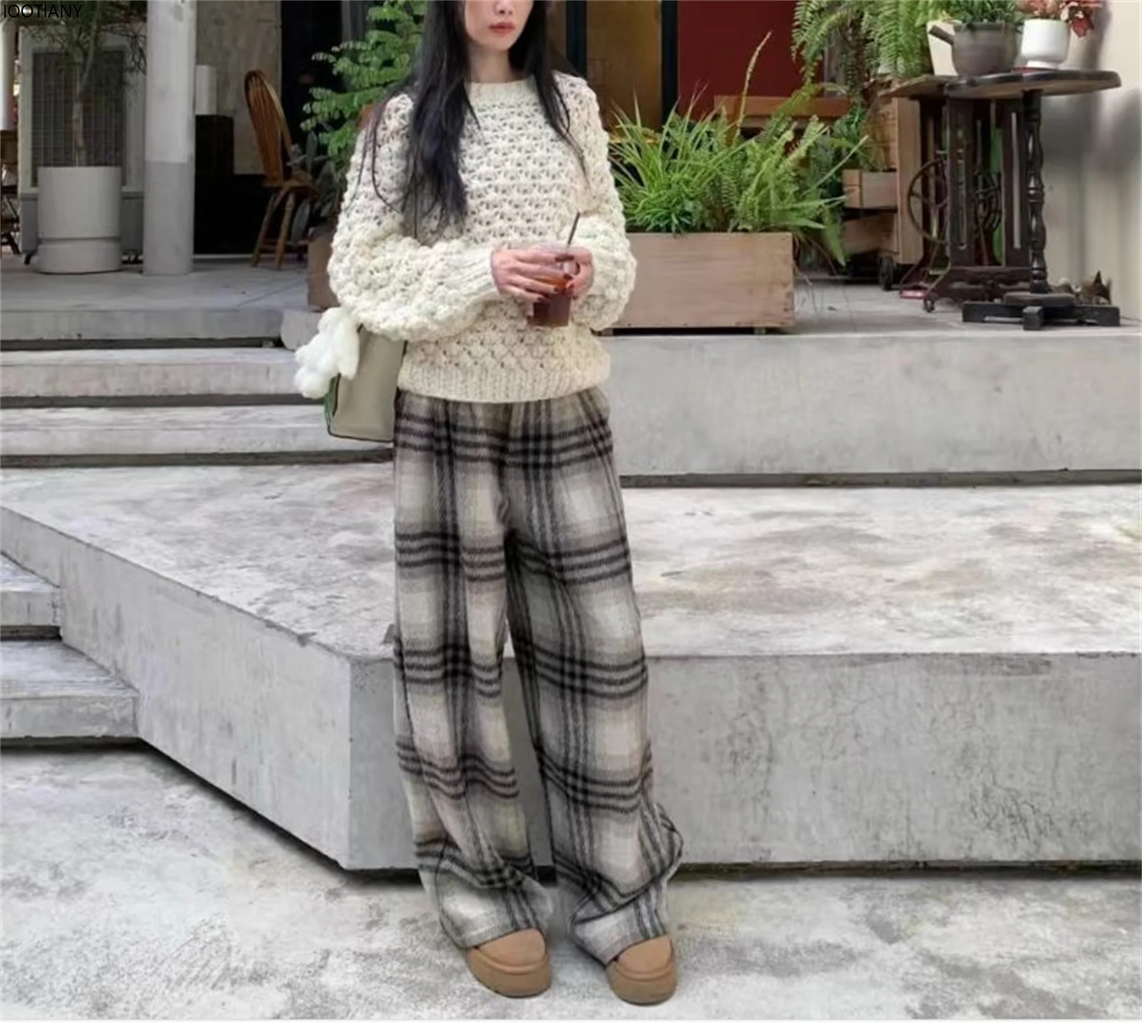 Fashionable Thermal Fleece-lined Trousers Women's Checkered Wide-leg Trouser Korean-style Streetwear Casual Floor-length Pant