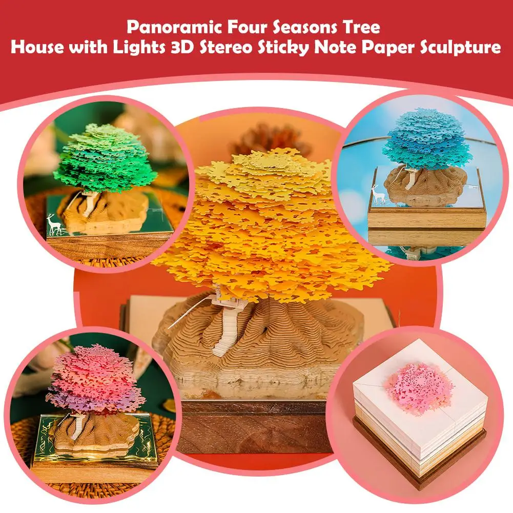 Four Seasons Panoramic Tree House 3d Paper With Note Handmade Sculpture Collection Light Gift Gift R2e5