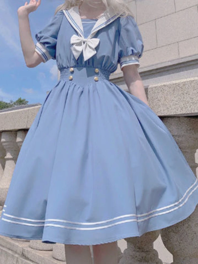 Japanese Sweet Lolita Style Women Dress Fashion Cute Bow Puff Sleeve Cosplay Patchwork Dresses Kawaii Girl Y2k Robe Vestido