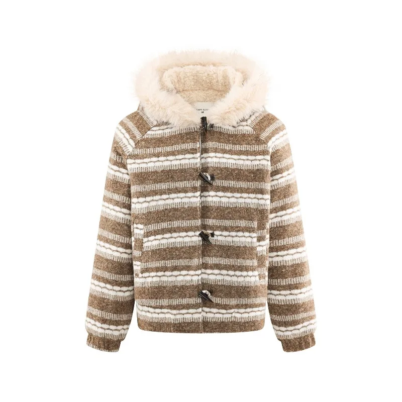 เสื้อโค้ทสั้นมีฮู้ดลาย Fair Isle สำหรับผู้หญิง สวมใส่สบาย ลายทาง เสื้อแจ็คเก็ตฤดูหนาว ติดกระดุมแบบ Toggle ให้ความอบอุ่น สไตล์ลำลองสบายๆ สำหรับใส่ในชีวิตประจำวันและเดินเล่น