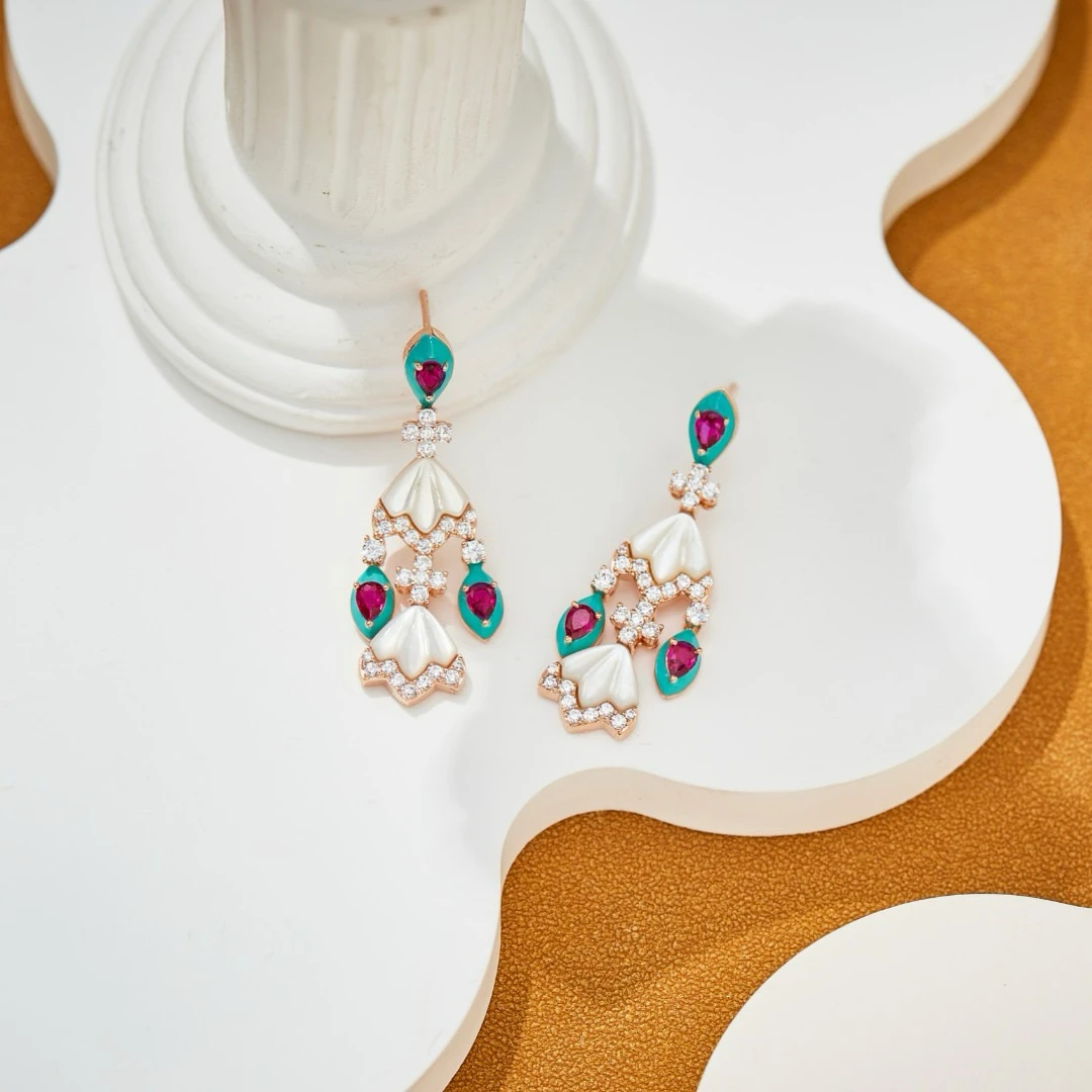 Luxury Temperament AAA Zircon Fan Shaped Blue Red Necklace Drop Earrings For Women Wedding Party Evening Dress Jewelry Sets