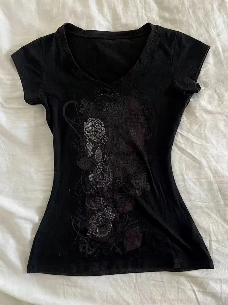 2000er Jahre Amerikanisches Y2K T-Shirt Damen Kurzarm Slim Blumen-Pailletten-Print Lässiges Top Retro Süß Grunge 2026 Sommer Subkultur