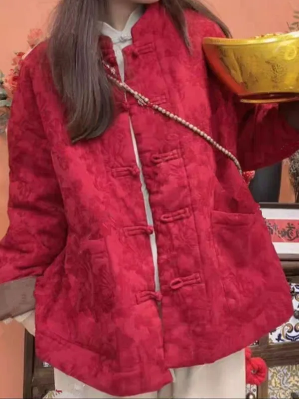 

Red Embroidered Cotton Jaet Women's Thiened Warm Button up Manin Collar Improved Tang Costume Cotton Outerwear Coat