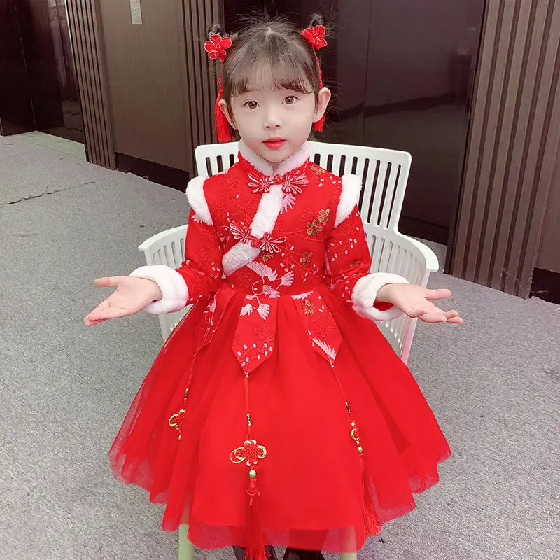 New red Chinese New Year clothes women\'s Hanfu winter clothes children\'s Tang suit baby plus velvet padded dress Christmas dress