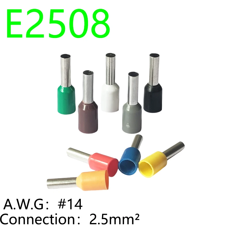 100PCS Cable Lug 2.5mm² Insulated Ferrules Cable Lug Brass Crimp Terminal E2508 A.W.G #14 End Block Cord Wire Connector