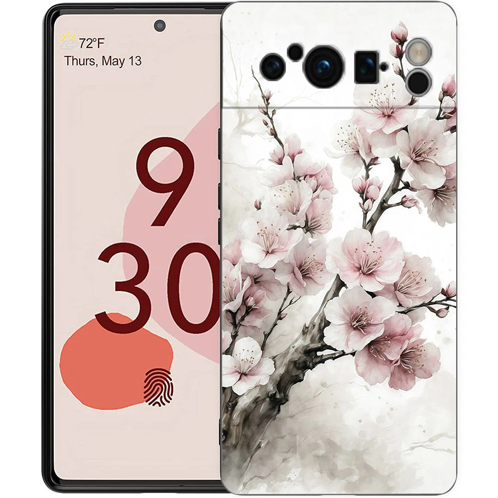 Phone Case For Google Pixel 8 7 6 Pro 8A 7A 6A TPU Shell Soft Silicone Shockproof Black Cover Cherry Blossom Tree