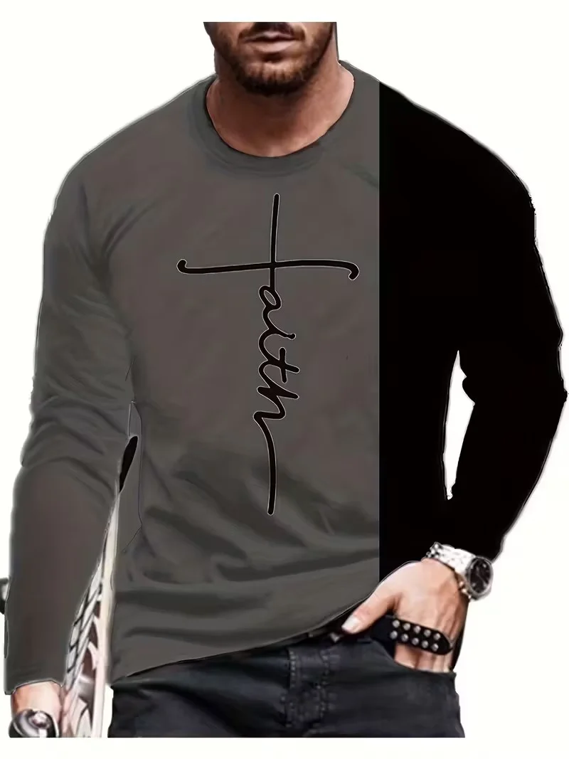 

New loose and comfortable casual sports versatile fashion printed letter pattern round neck long sleeved T-shirt for men's top