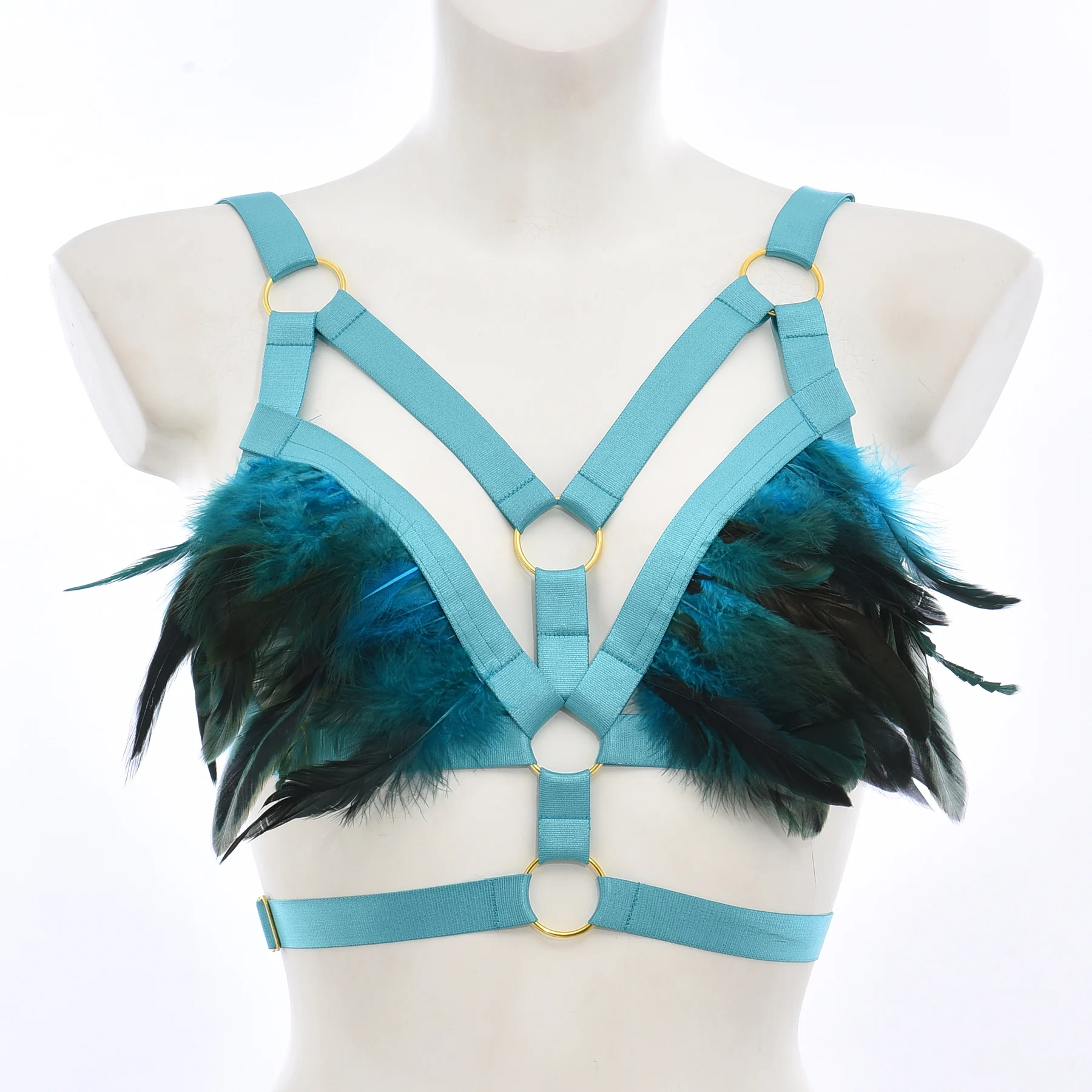 Soutien-gorge harnais gothique ajustable en plumes pour femme, crop top à poitrine ouverte, lingerie sexy, tenue Harajuku Rave, harnais de corps ajouré bondage