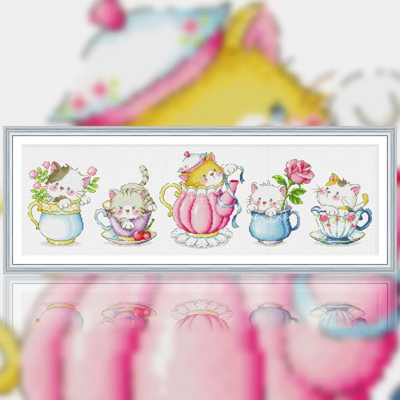 

Весенняя вышивка крестиком: милый мультяшный чайный сервиз, вышивка ручной работы для детской спальни, современный простой стиль, хлопковая ткань