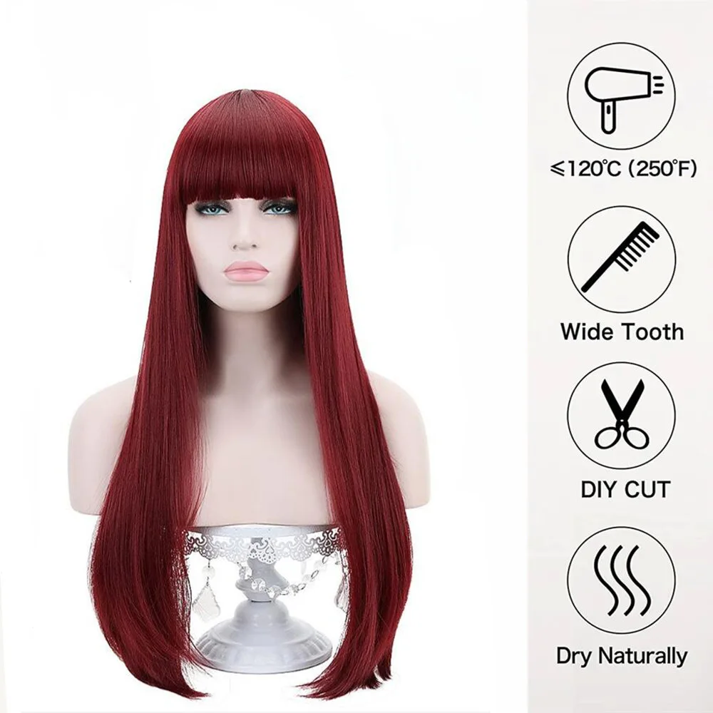 Wig rambut palsu panjang Lurus merah anggur 99j # sintetis dengan poni Wig Cosplay tahan panas untuk wanita Asia dan Eropa 28 inci