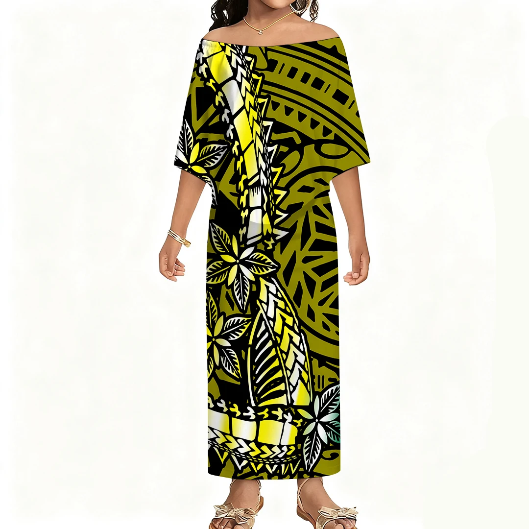 

Long Tribal Pattern Design Off-The-Shoulder Large Front-Hem Girl'S Dress Polynesian Custom-Made Women'S Dress