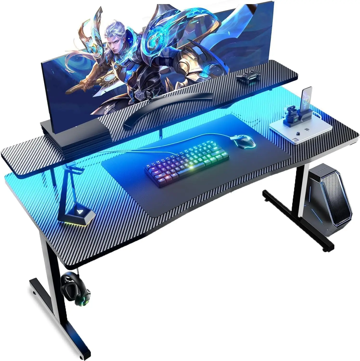 Chulovs 140cm Gaming Desk with RGB LED Lights & Power Outlets, Computer Desk with Monitor Stand, Headphone Hook