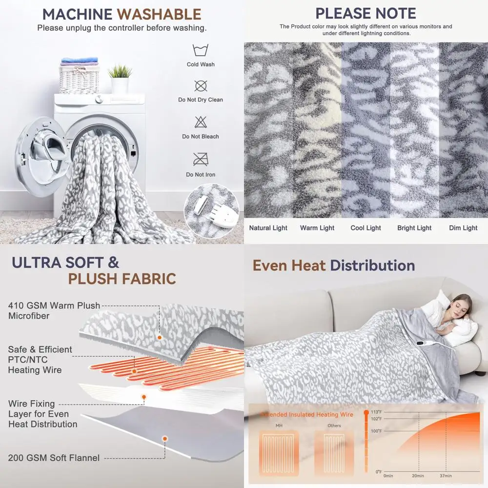 

Certified Washable Electric Throw Blanket, 9 Heat Levels, 10-Hour Auto-Off, White Gray Leopard Print, 62x84