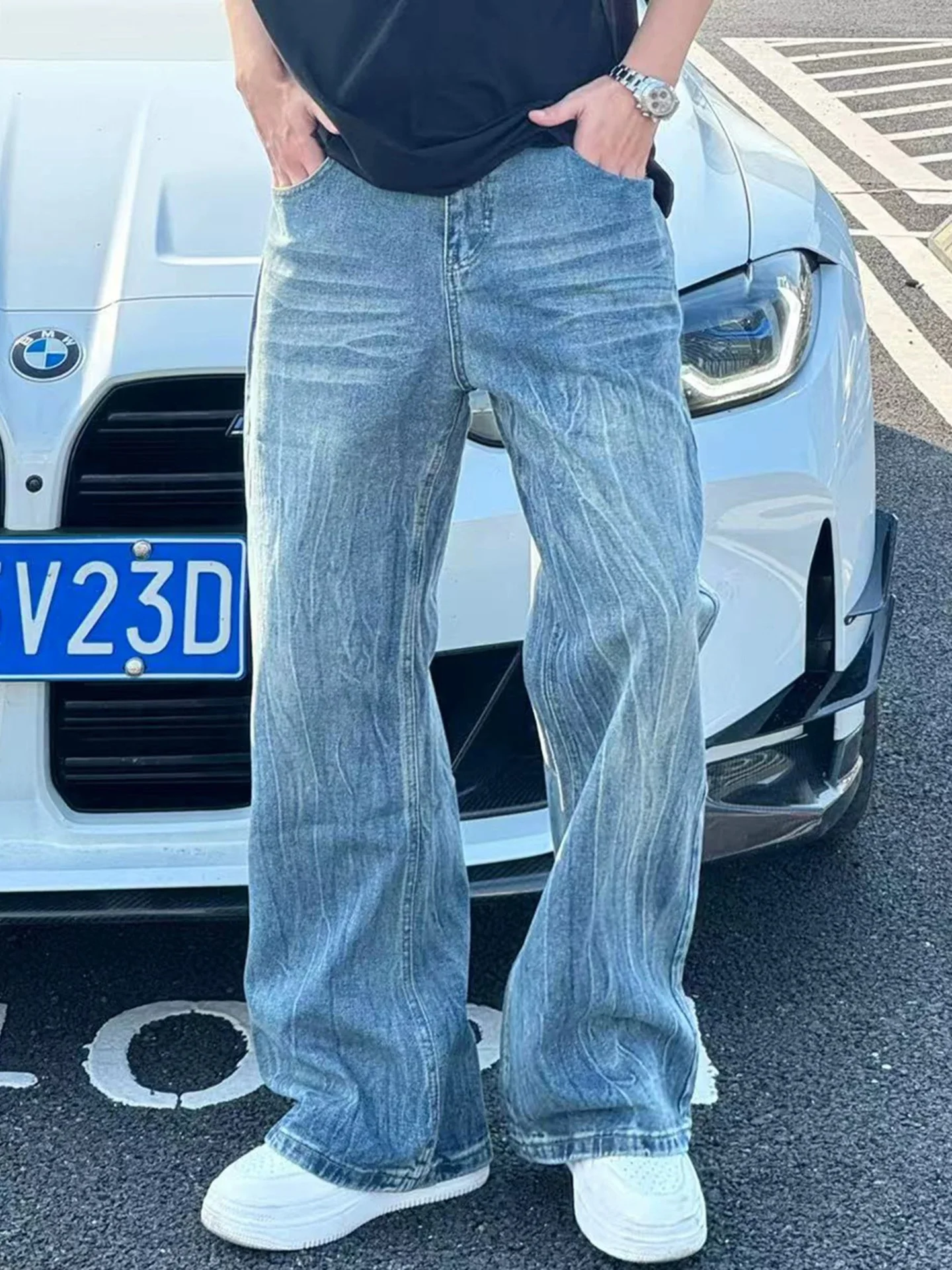 

Мужские джинсы Waed Thunderbolt из бамбукового волокна, прямые, с высокой талией, в американском уличном стиле, удлиненные, слегка расклешенные брюки